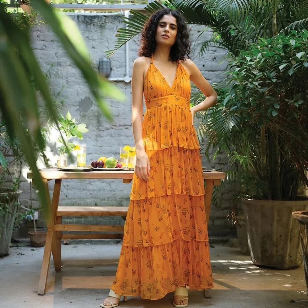 Guapa Anthropologie Orange Pinar Layered Halter Sleeveless Maxi Dress Size 14